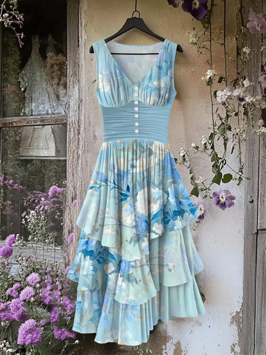 Retro Floral Art Print Vintage V-Neck Button Up Midi Dress